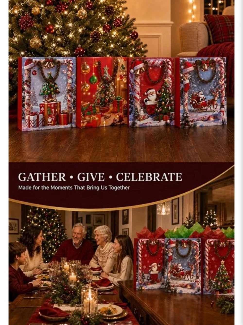 Festive Red Christmas Gift Bags with Raised 3D Appliqué